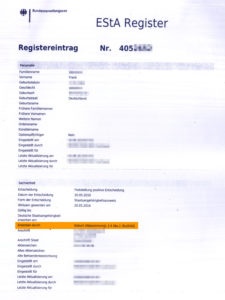 Auszug aus dem ESta-Register mit RuStAG Eintrag